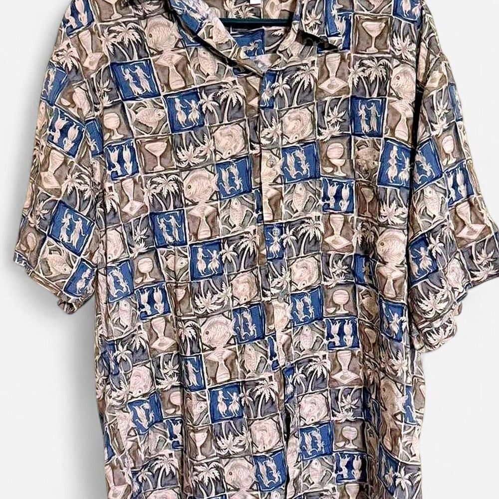 Vintage Pierre Cardin Rayon Hawaiian Shirt L Blue Gray Hula Dancer Cocktail Fish